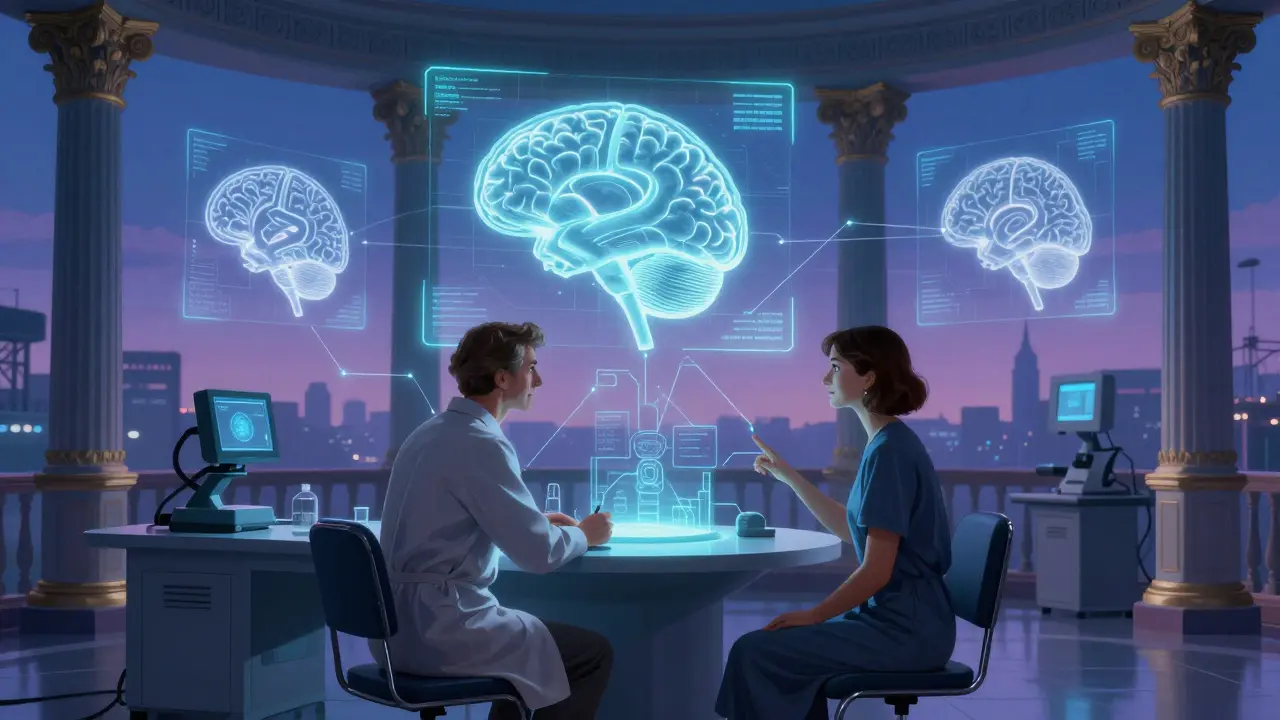Futuristická scéna terapie s holografickými mozkovými skeny a lidským kontaktem