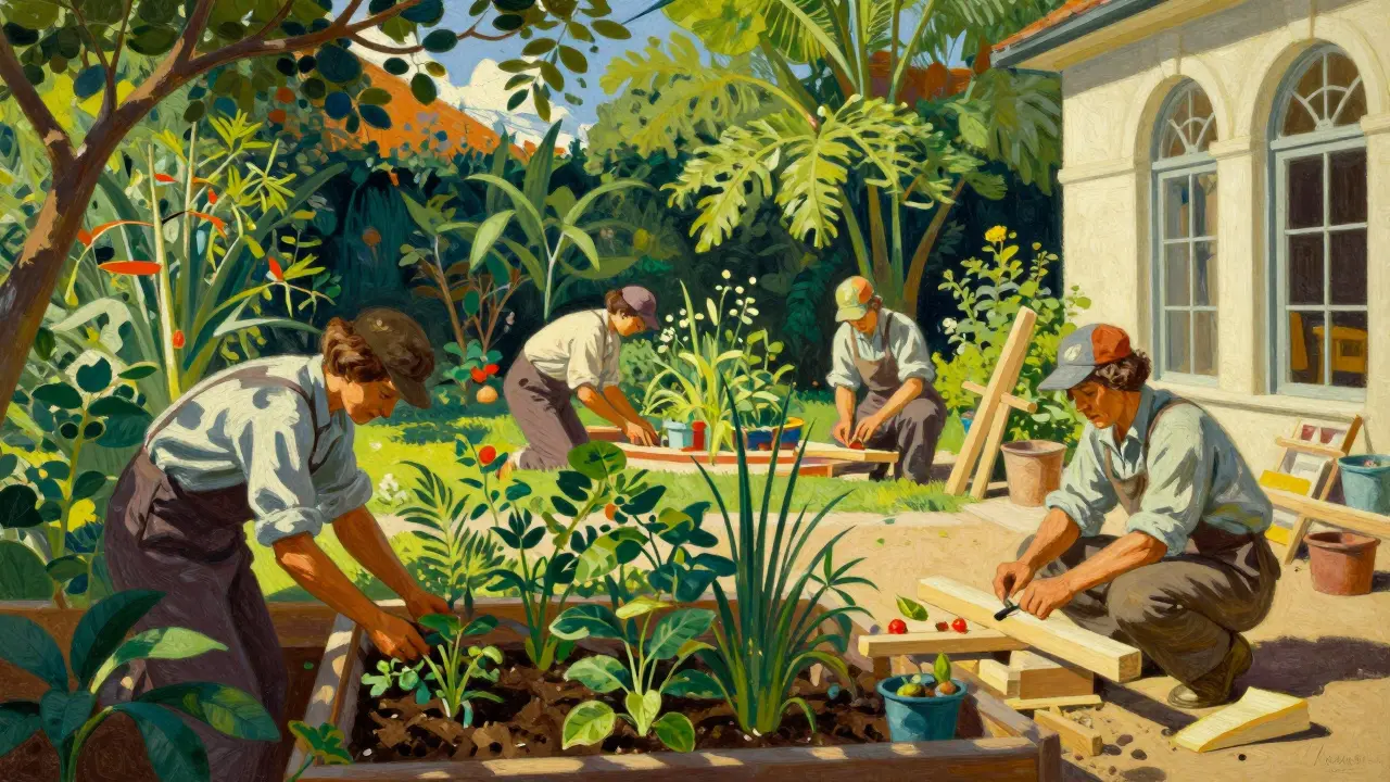 Klienti pracují na zahradě a dílně jako součást terapie v barevném ilustrativním stylu