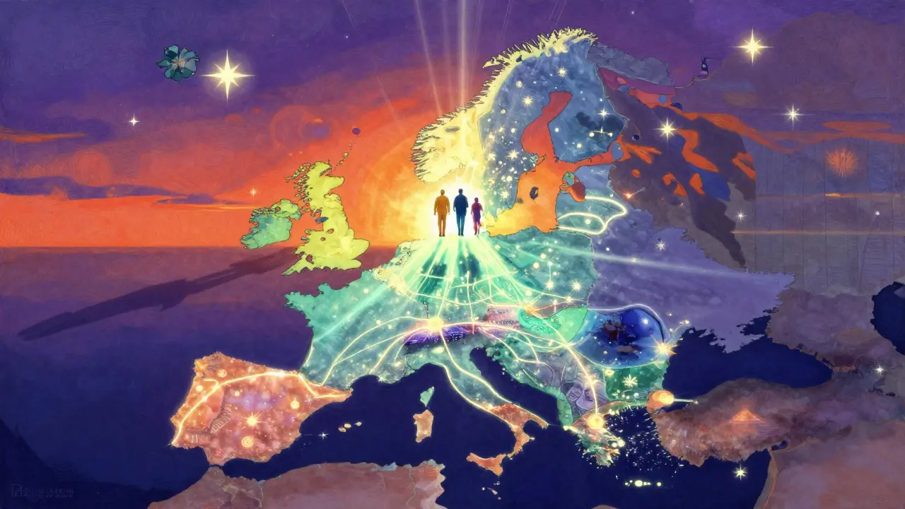 Konceptuální mapa Evropy s Prahou jako centrem inovací v léčbě traumatu