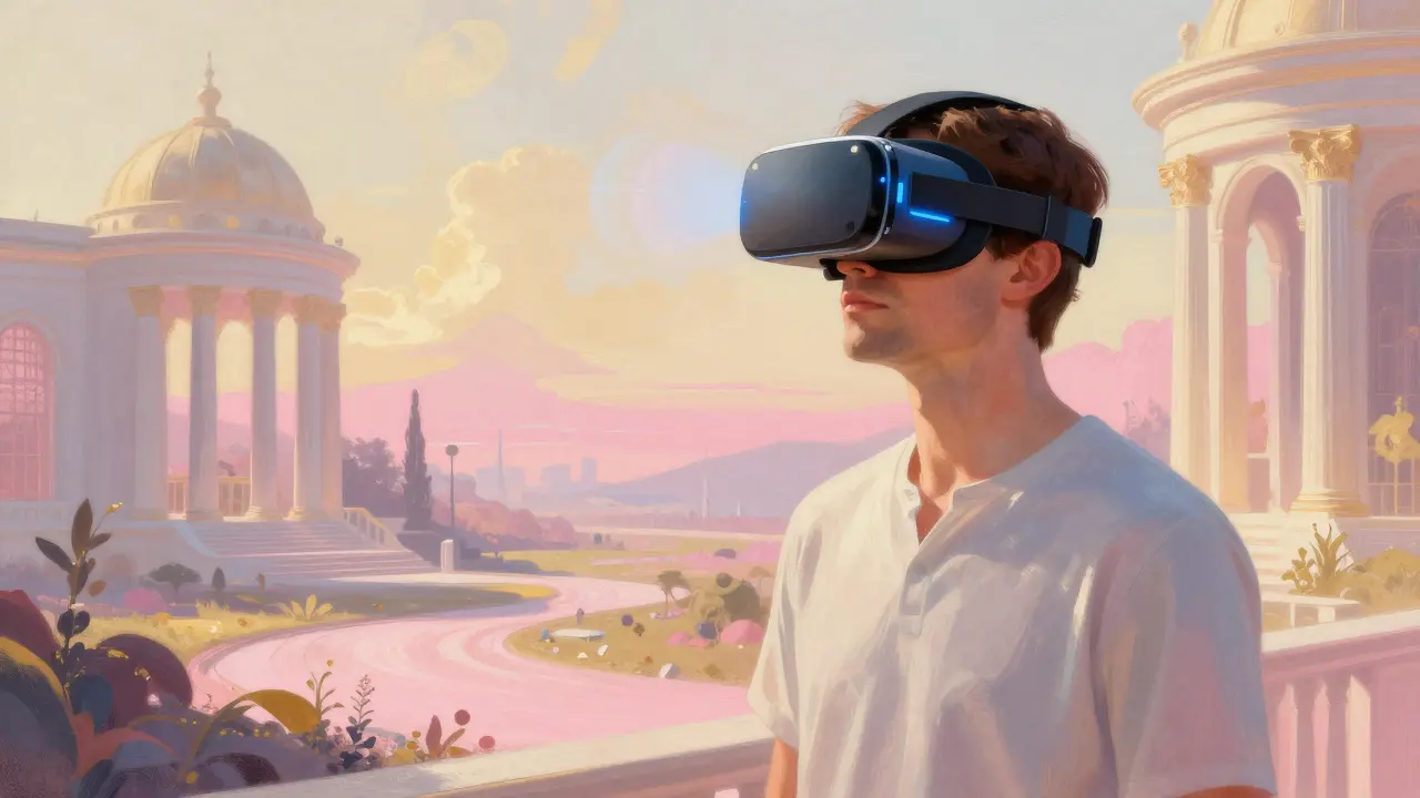 Pacient s VR brýlemi v surreálním krajině pro terapii úzkosti