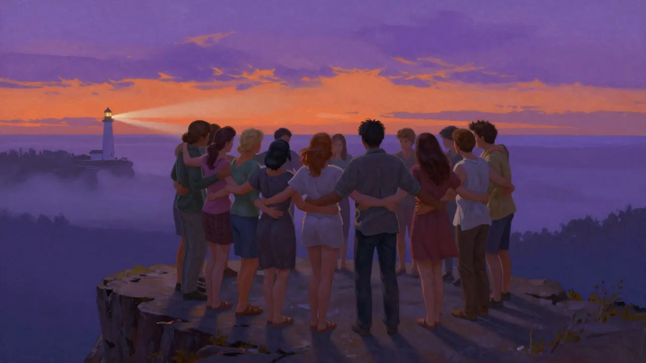 Skupina lidí v peer podpoře na útesu, styl Maxfield Parrish