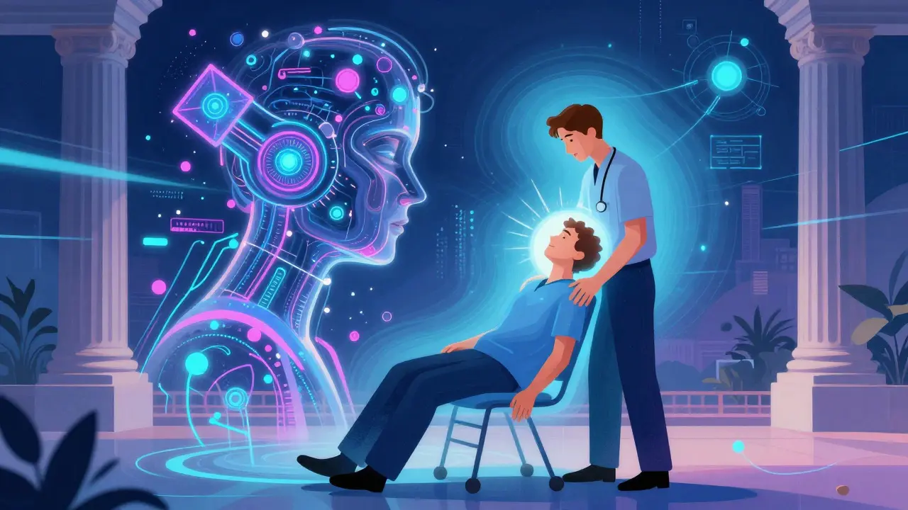 Terapeut s AI technologií pomáhající pacientovi