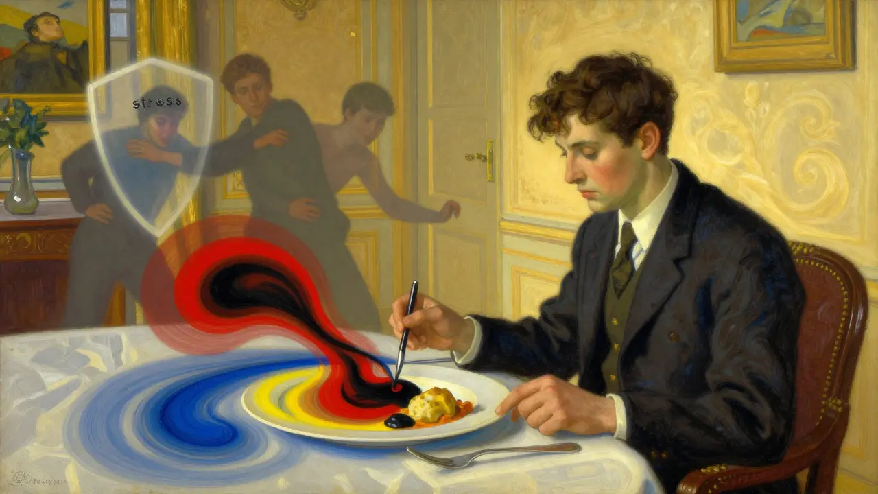Vnitřní boj s emocemi při jídlu, ilustrace ve stylu Maxfield Parrish