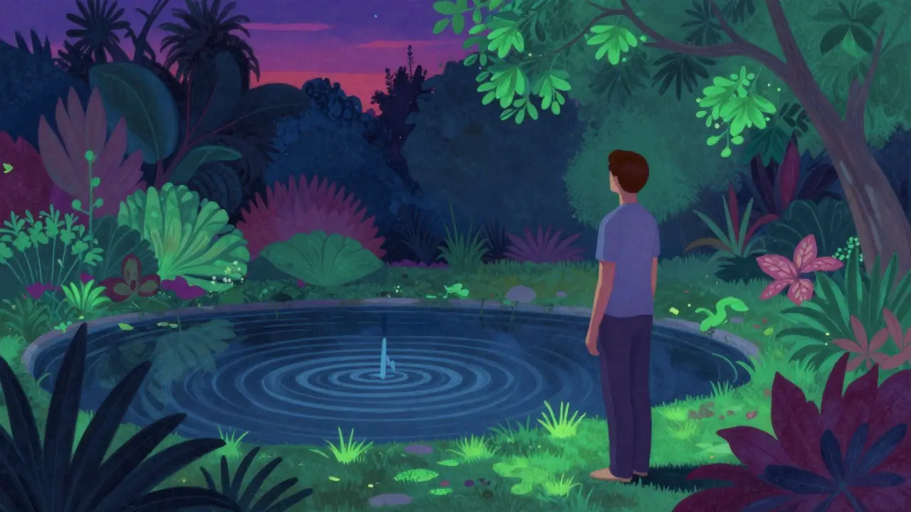 Člověk praktikující mindfulness v klidné zahradě