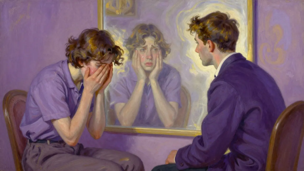 Ilustrace empatie mezi klientem a terapeutem s odrazem emocí