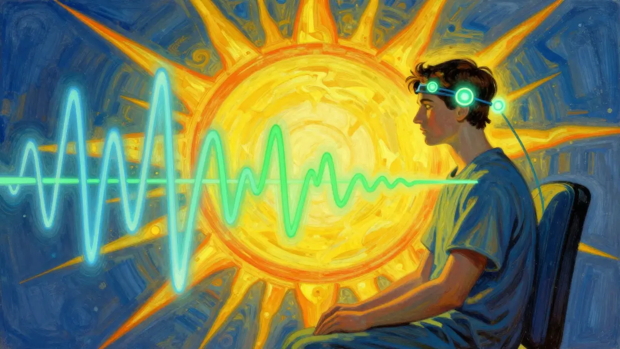 Ilustrace neurofeedbacku a světelné terapie pro synchronizaci spánkového rytmu
