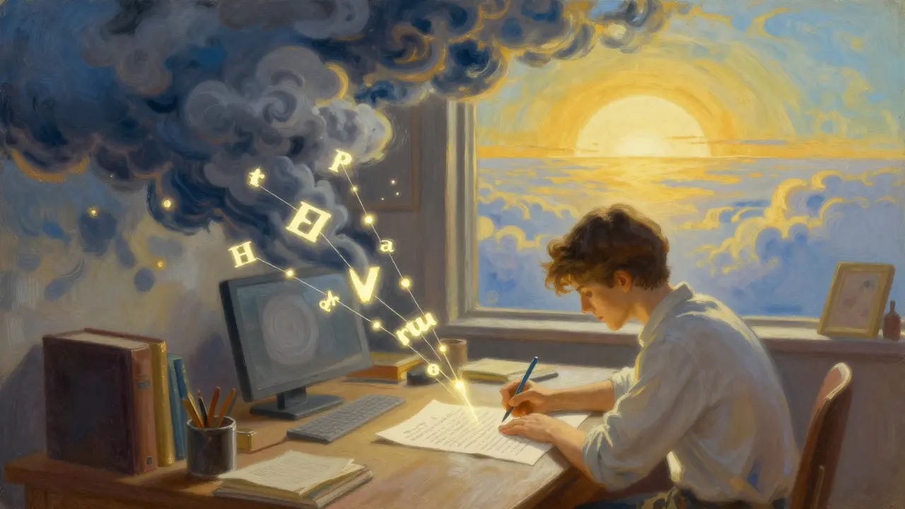 Ilustrace terapie IRT: přepis scénáře snu s magickými světelnými nitmi