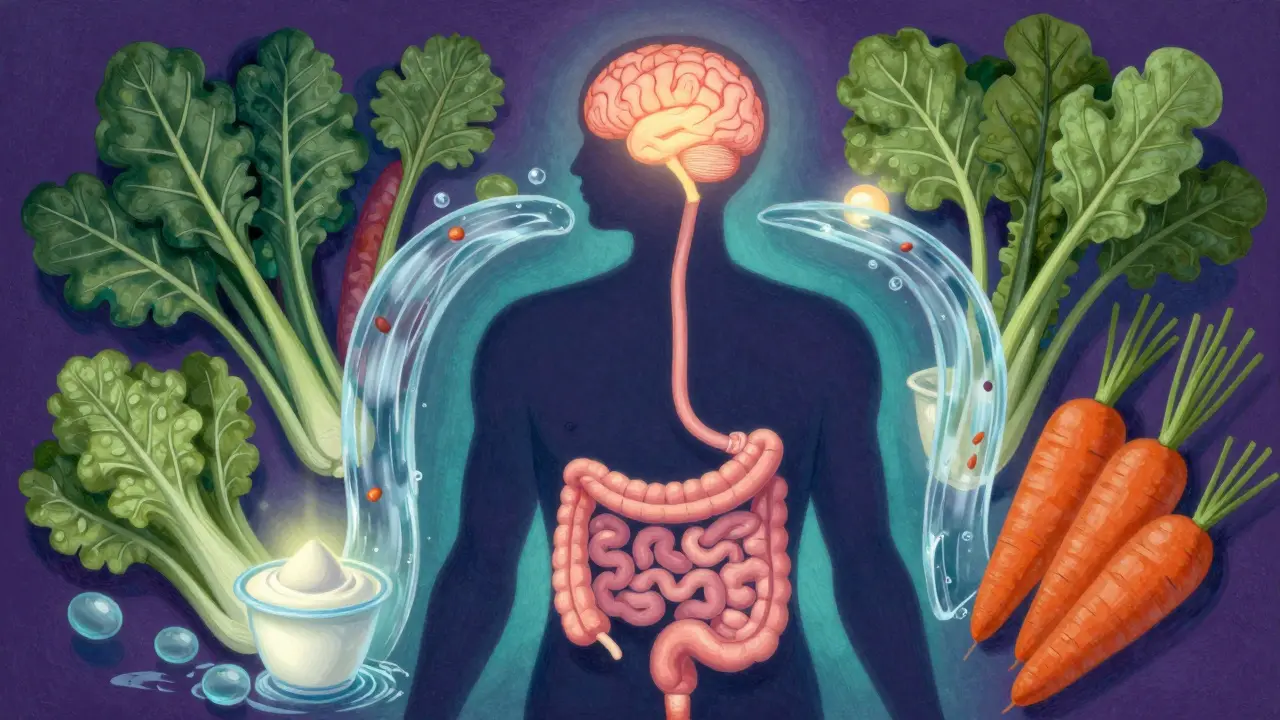 Ilustrace zdravé stravy a hydratace podporující trávení při léčbě ADHD