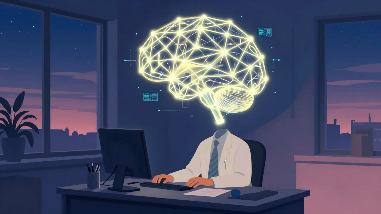 Kancelář psychologa s abstraktními diagnostickými symboly