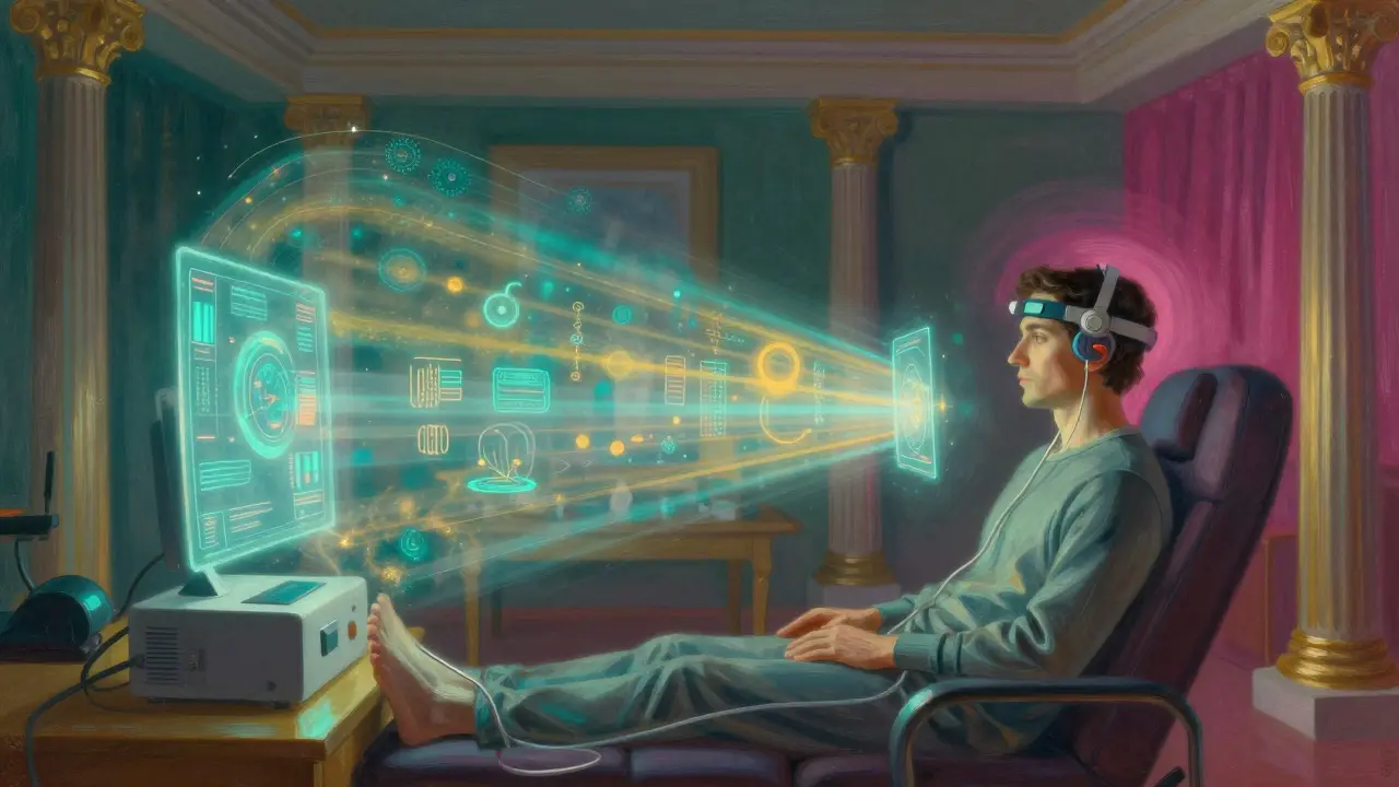 Osoba s neurofeedback zařízením v klidné místnosti s magickým světlem