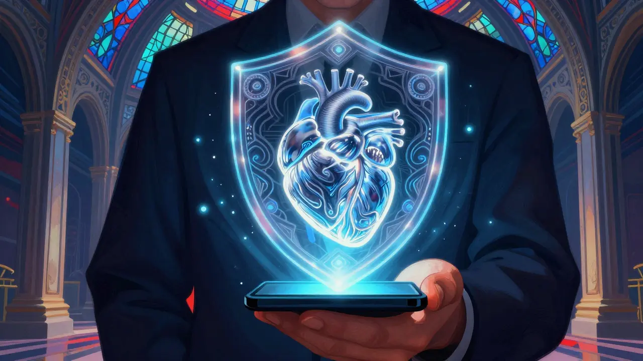 Smartphone s holografickým štítem symbolizujícím bezpečnost