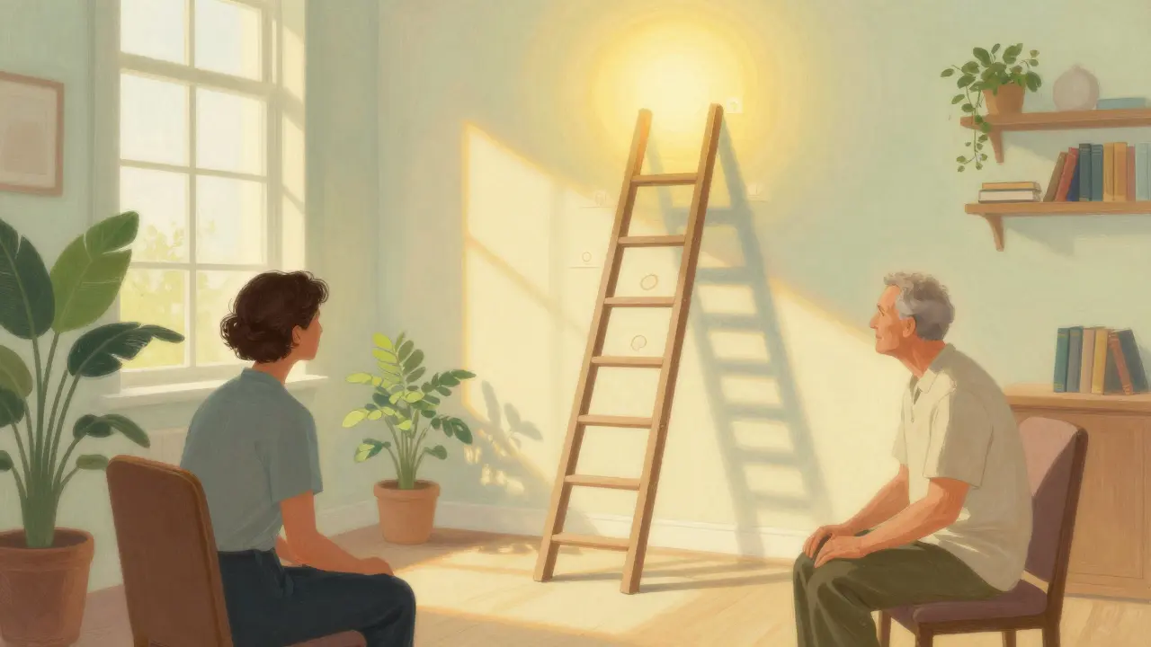 Terapeutická schůzka s metaforou žebříčku expozice, styl Maxfield Parrish