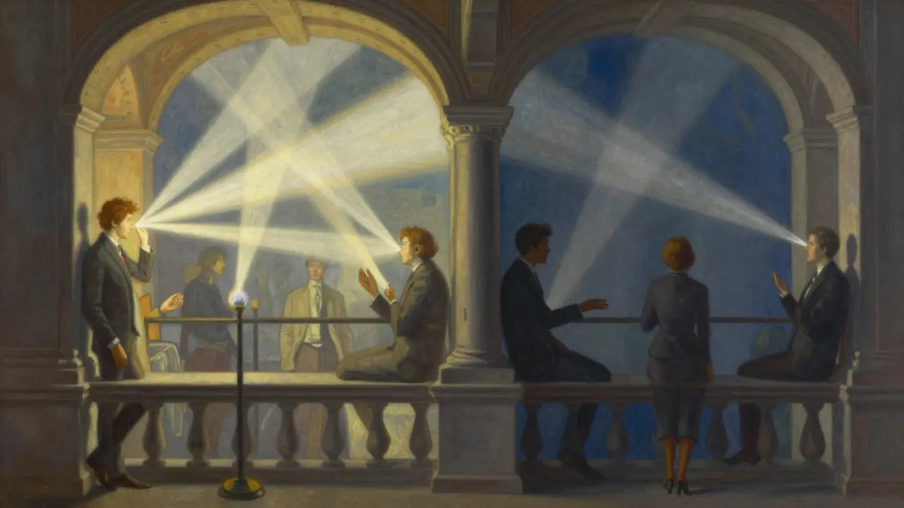 Dva komunikační styly se spojují v ilustraci ve stylu Maxfield Parrish