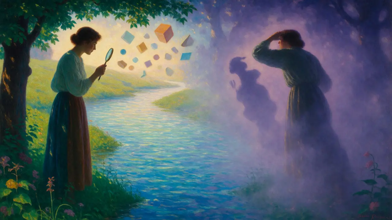 Ilustrace v Maxfield Parrish stylu: postavy oddělené řekou, jedna zkoumá fakta, druhá se skrývá v mlze