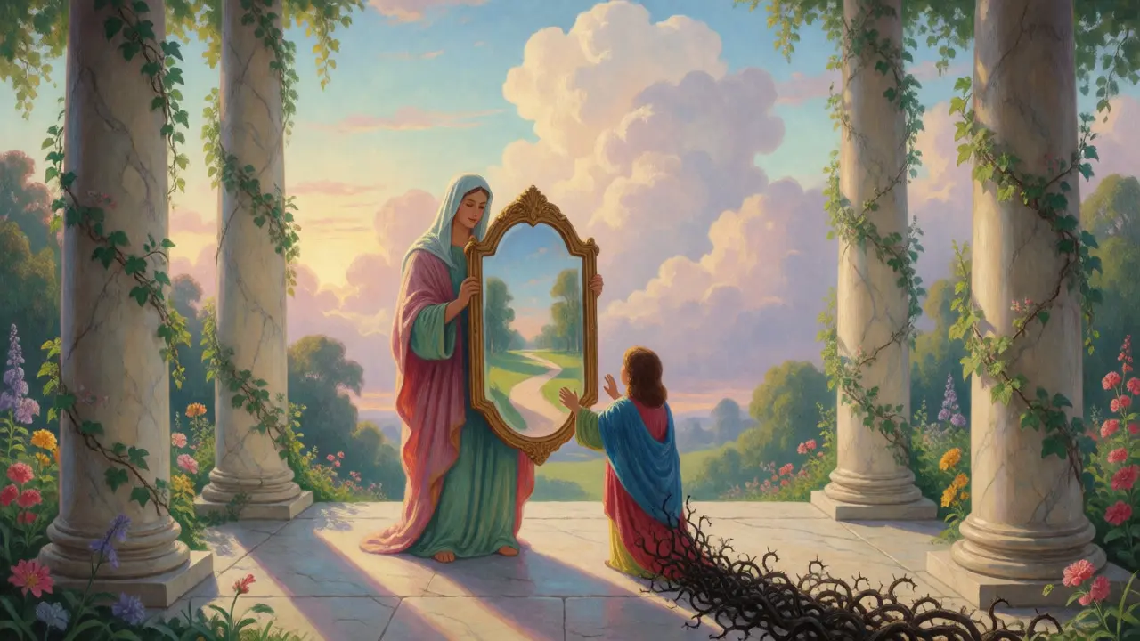 Ilustrace v Maxfield Parrish stylu: terapeutický průvodce drží zrcadlo odhalující cestu ven z temných vinic