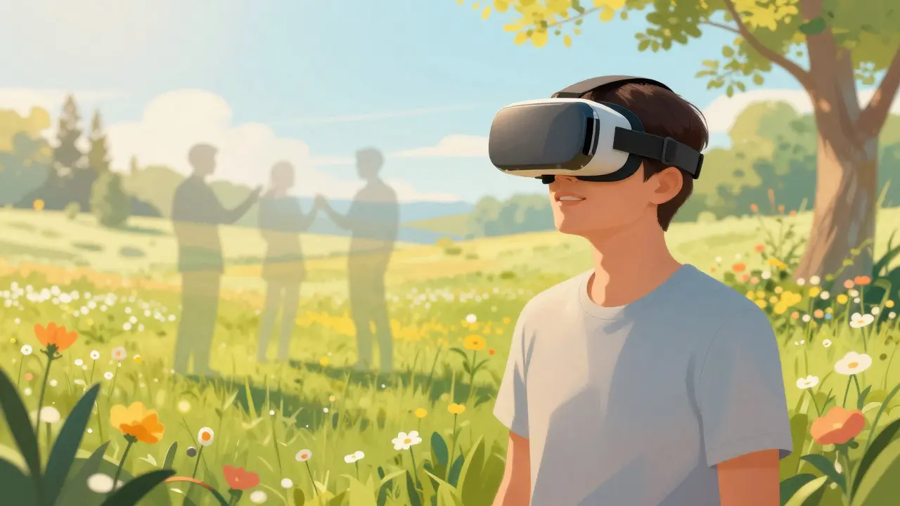 Pacient s VR brýlemi na slunné louce, symbolizující moderní sociální trénink
