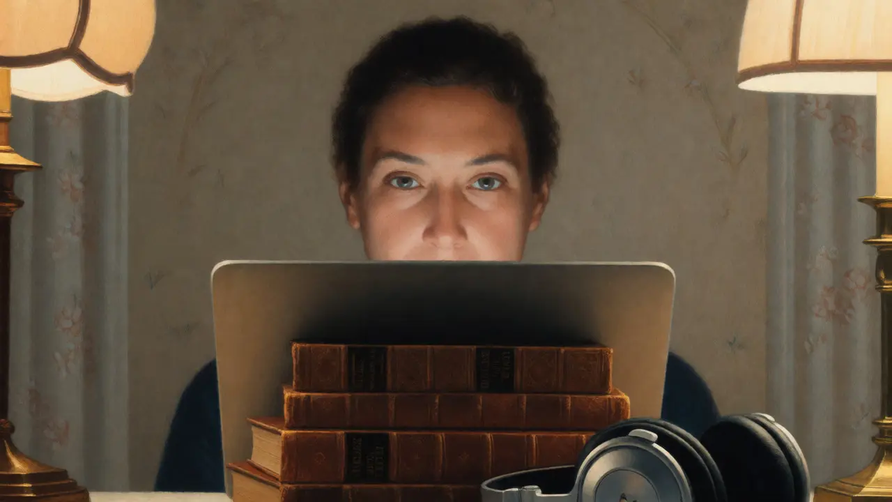 Detailní pohled na notebook položený na knihách pro správnou výšku kamery při videoterapii.