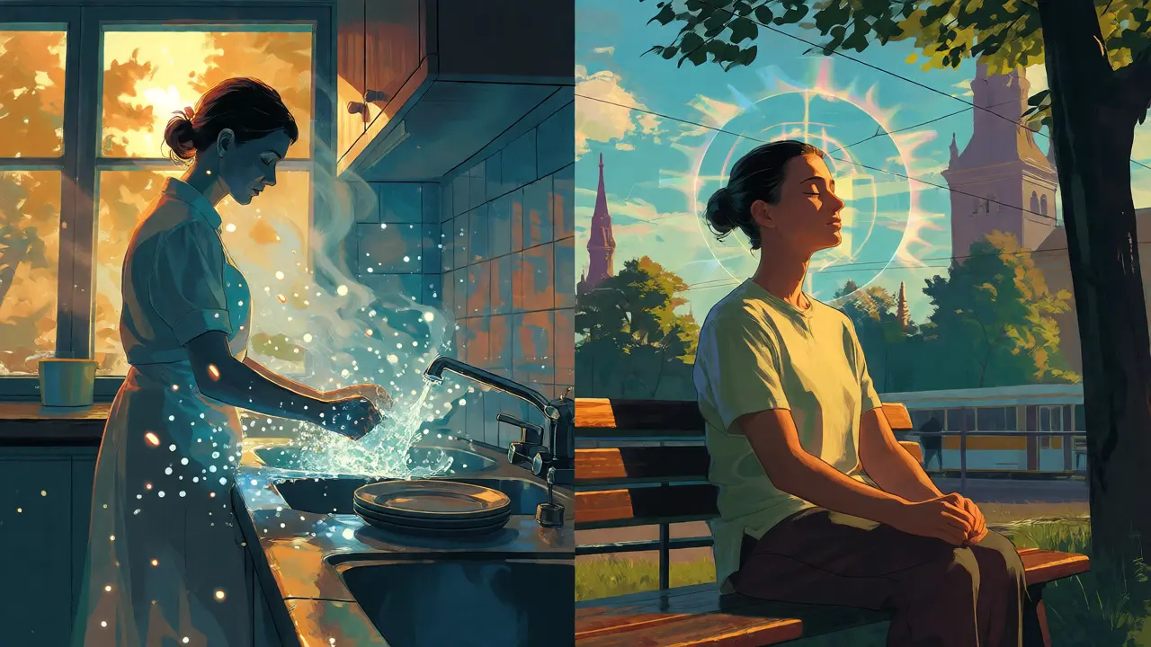 Ilustrace mindfulness při mytí nádobí a dýchání na lavičce ve městě
