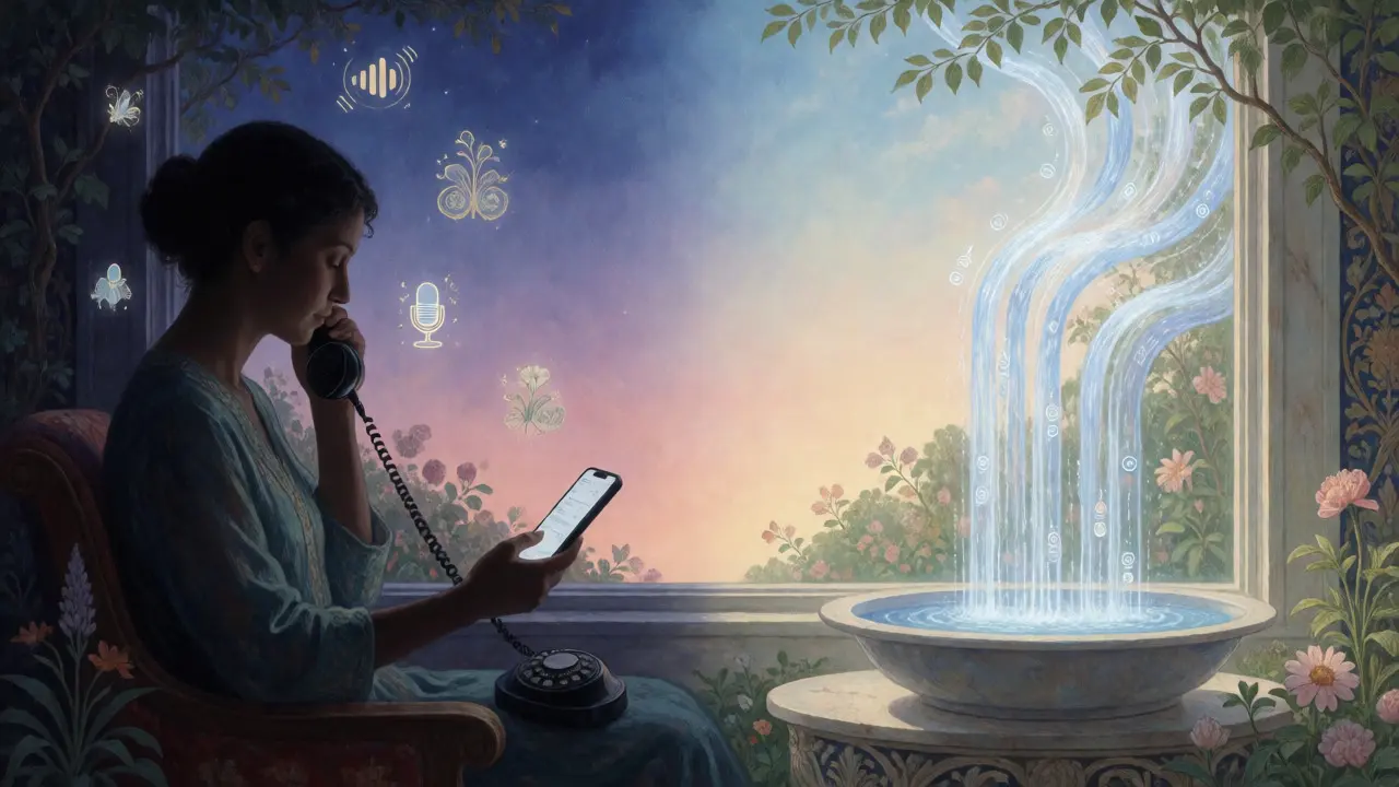 Konceptuální ilustrace znázorňující přechod z videohovoru na telefonní hovor při technických potížích.