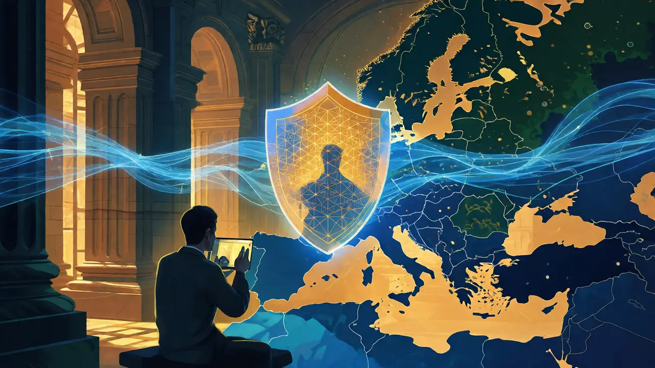 Abstraktní vizualizace digitálního zabezpečení a mezinárodních standardů.