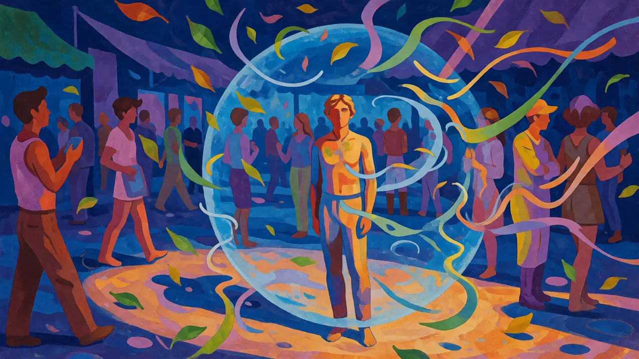 Dospělý člověk klidně stojí v obchodě, chráněn před smyslovým přetížením, ilustrace ve stylu Maxfielda Parriše.