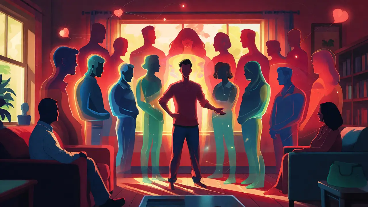 Konceptuální ilustrace jedince obklopeného síťí podpory rodiny a odborníků.
