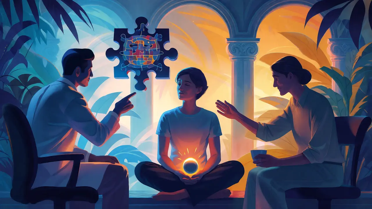 Synergie psychoterapie a podpory AA znázorněná ilustrací