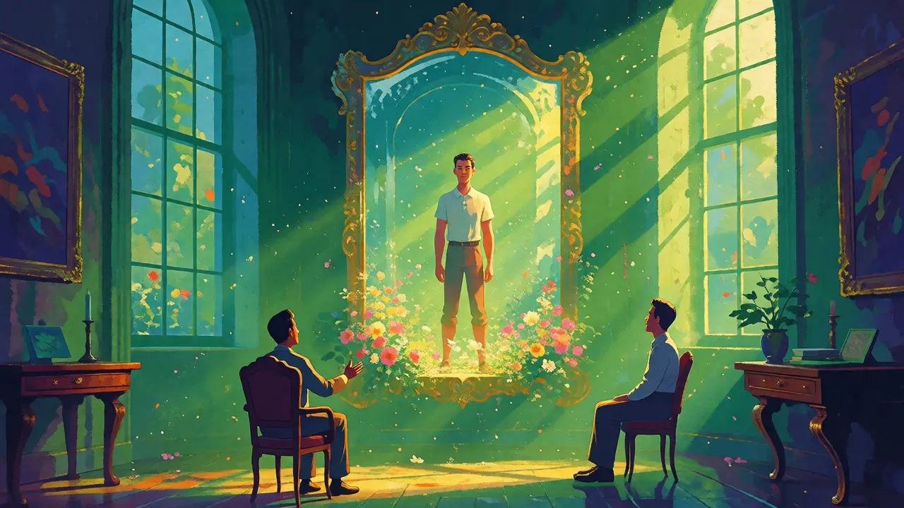 Terapeutická sezení s magickým zrcadlem odrážejícím novou identitu klienta.