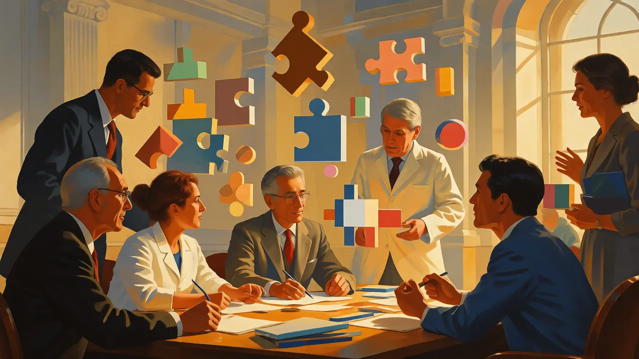 Tým lékařů diskutuje o diagnóze autismu ve světlé kanceláři, ilustrace ve stylu Maxfielda Parriše.